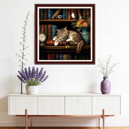 Image of Fanxvivy Stamped Cross Stitch Kits for Beginners Full Range of Cross Stitching Preprinted Embroidery Kits for Adults, 11CT Embroidery Pattern Needlepoint Kits- Bookshelf Cat Flowers 18x18 inchs