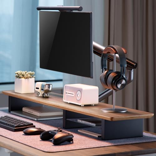Image of Walnut Monitor Stand for Desk (44 Inch) Large Monitor Stands for 2 Monitors, Desk Shelf for Top of Desk Walnut Monitor Shelf
