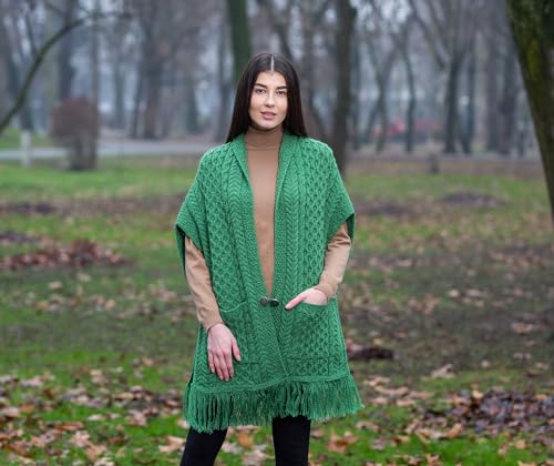 Image of SAOL 100% Merino Wool Shawl /Poncho Sweater /Open Cardigan /Wool Cape with Pockets with Fringe Trim and Trinity Knot Button