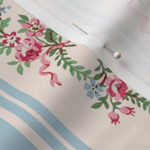 Spoonflower Fabric - Grandmillenial Floral Stripe Pink Cream Blue Shabby Chic Printed on Petal Signature Cotton Fabric by The Yard - Sewing Quilting Apparel Crafts Decor