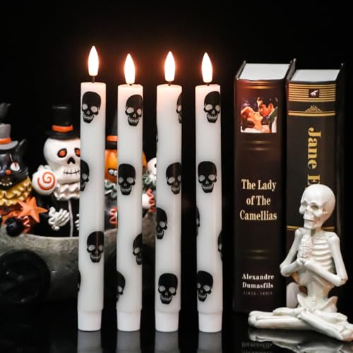 Image of GenSwin Halloween Flameless Taper Candles Remote Timer, 4 Pack Real Wax LED Taper Candles Battery Operated Flickering with Skull Prints, Flameless Candlesticks for Halloween Decor(0.75 inchx 9.65 inch)