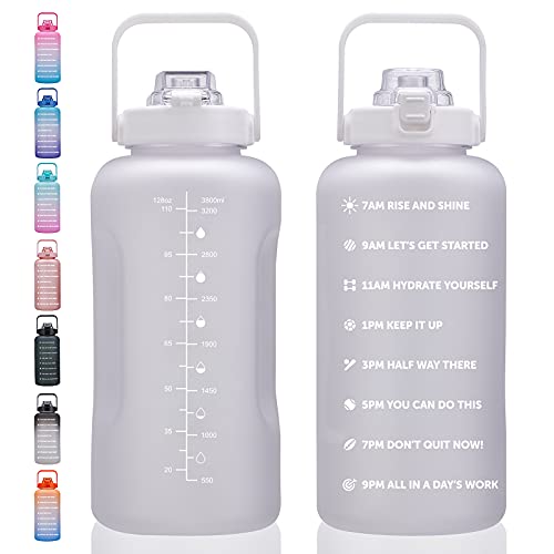 ST-YIBEN 128oz Large Motivational Water Bottle with Time Marker,Leakproof & BPA Free 1/One Gallon Big White Water Bottle with Straw & Handle Tritan Water Jug for Women Men to Fitness,Gym,Sports