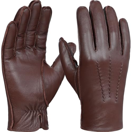 GSG SINCE 1998 - Gants Homme en Cuir d’Agneau Chauds pour Hiver, Doublure Laine, Tactiles et Raffinés,Marron L
