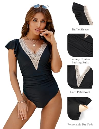 Blooming Jelly Womens Tummy Control Swimsuits One Piece Slimming Bathing Suits Ruffle Lace V Neck Swimwear (X-Large,Black) - Image 2