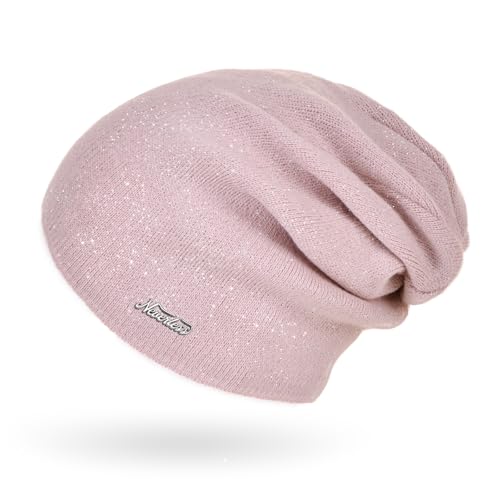 Neverless® Damen Mütze Herbst Strick-Beanie ungefüttert Feinstrick Glitzer Slouch einfarbig Uni Rosa Unisize