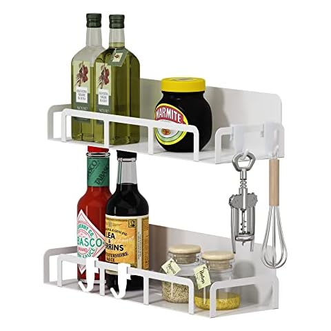 SOSMAR Magnetic Spice Rack, Magnetic Shelf for Refrigerator, Single Tier Fridge Spice Storage Shelf, Space Saver for Kitchen, Metal Cabinet for Holding Spices, Jars, Bottle, Beverage, Pack of 2, White Cover