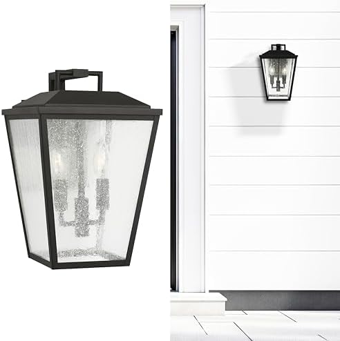 Scott Living 2-Light Kennewick Transitional Outdoor Wall Lantern in Textured Black Finish with Clear Seeded Shade DJO1062TXB, Outdoor Light Fixture for Front Porch Decor and Wall Lights