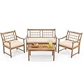 RELAX4LIFE Wood Patio Furniture Set - 4-Piece Outdoor Furniture w/Seat Cushions & Coffee Table, Loveseat Sofa Set for Balcony Porch Deck Poolside Backyard, Acacia Wood Conversation Set (Off White)