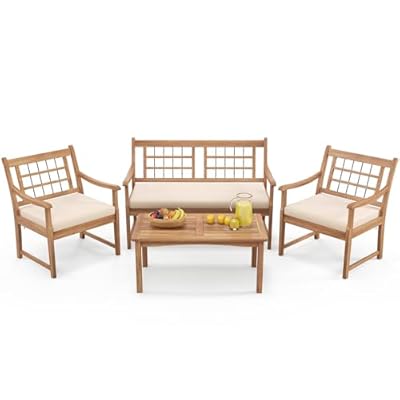 RELAX4LIFE Wood Patio Furniture Set - 4-Piece Outdoor Furniture w/Seat Cushions & Coffee Table, Loveseat Sofa Set for Balcony Porch Deck Poolside Backyard, Acacia Wood Conversation Set (Off White)