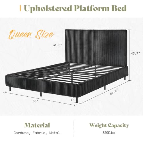Image of AMERLIFE Queen Bed Frame, Upholstered Metal Platform Bed with Vertical Channel Tufted Headboard, Soft Fabric & Strong Metal Slats, Noise-Free /Easy Assembly, Black
