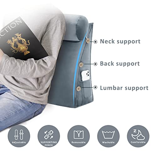 Vercart Adjustable Bed Reading Pillow Throw Wedge Pillows For Sleeping Triangular Bedrest Sofa Pillow For Lumbar Neck Back Support With Removable Velvet Cover, Grey 23.5 Inches #TOP1