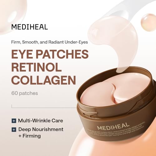 Image of Mediheal Retinol Collagen Under Eye Patches - Korean Hydrogel Eye Pads (60 patches) with 95% Retinol & 5 Micro Collagen. Nourishing & Non Irritating Eye Gel Mask. Sealing Cap & Spatula Included.