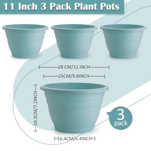 Image of RooTrimmer 3 Pack 11 Inch Plant Pots with Drainage Hole and Plug, Durable Plastic Flower Pots for Indoor & Outdoor Plants, Elegant Mordern Plant Pots Perfect for Herbs, Flowers & Succulents, Blue