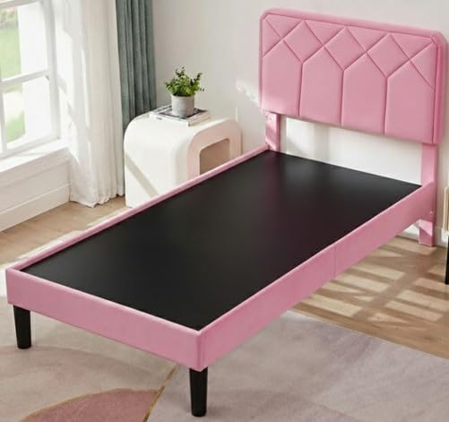 Image of APRODZ Twin Size Bed | Upholstered Bed Frame with Channel Tufted Headboard | Bed Twin Size Wooden Legs | Double Bed King Size Without Storage | Bedroom Furniture | Pink Fabric & Black Wooden Legs