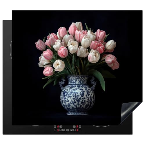 KitchenYeah© Protector Vitroceramica 58x51 cm Tapa para induccion Placa Encimera Cubre de Protectora Cocina Flores - Rosa - Tulipanes - Florero