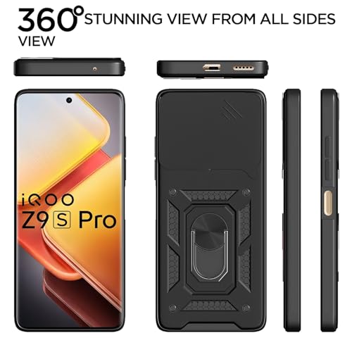 Image of Pikkme D10 Tough Armor Bumper Case | 360 Protection Case | Sliding Camera Shield Cover & Ring Holder Stand Back Cover for Vivo T3 Pro 5G / iQOO Z9s Pro 5G (Black)
