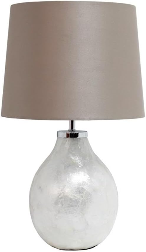 Simple Designs LT3304-PRL 1 Light White Cream Iridescent Pearl Table Lamp with Light Brown Mocha Tan Fabric Shade