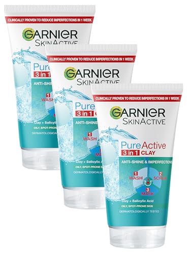Garnier Pure Active 3in1 Clay Mask-Wash-Scrub 150ml, With Clay, Eucalyptus & Salicylic Acid, Face Cleanser For Oily Skin, Packaging May Vary (Pack of 3)