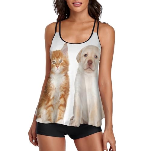 Maillot de Bain Tankini Chien-Chat Orange avec Short Gainant et Robe Fluide
