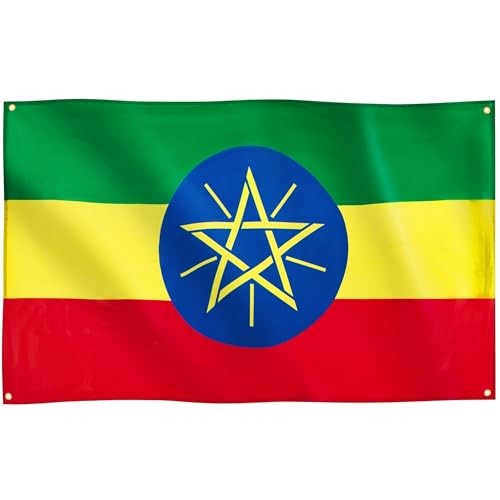 Runesol Drapeau de l’Éthiopie, 91x152cm, 3ft x 5ft, 4 Anneaux, œillet dans chaque coin, Drapeau éthiopien, Drapeau impérial, fanions éthiopiens, Drapeaux Premium, Intérieur, Extérieur, Couleurs vives