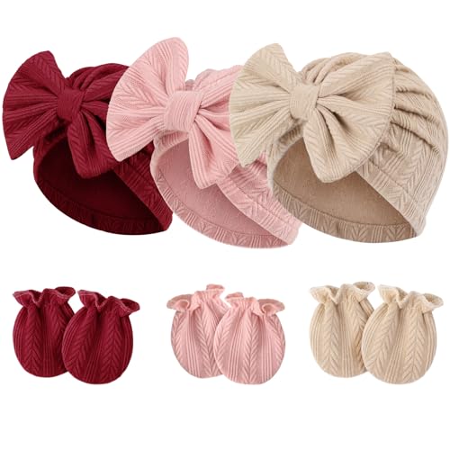 Image of Newborn Baby Hats and Mittens Set Infant Bow Beanie Cap Toddler Gloves Newborn Hospital Hats for Baby Boy Girl 0-12 Months