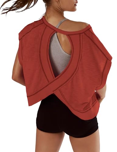 Kumufenc Womens Oversized Tshirts Open Back Batwing Sleeve Gym Shirts Boat Neck Slouchy Tees Workout Athletic Top(Red,L)