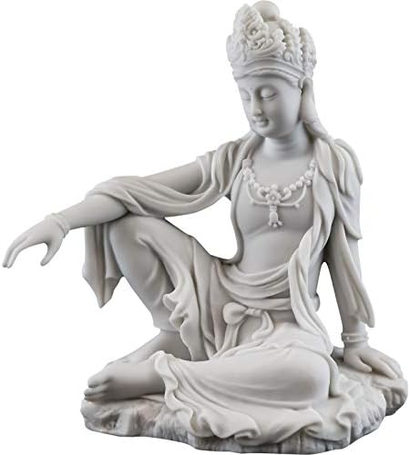 Top Collection Water & Moon Quan Yin Royal Ease Pose Statue- Buddhist Kwan Yin Goddess of Compassion and Mercy Sculpture in White Marble Finish - 7.25-Inch Collectible Figurine