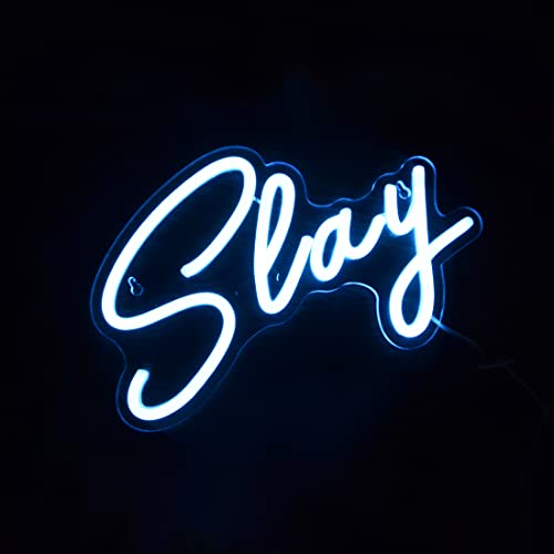 Image of SYLHOME Slay Blue LED Neon Light Sign Cool Boys Girls Preppy Bedroom Game Play Room Desk Wall Decor Sign Club Pub Bar Man Cave Game Center Birthday Decoration USB Night Light 11.8 inch X 8 inch
