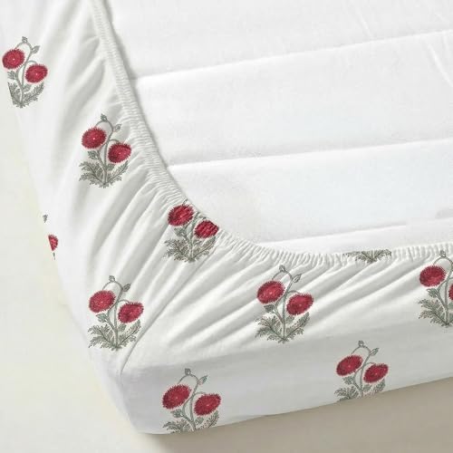 Image of LINENWALAS 100% Cotton 210 TC Double Fitted Sheet with Pillow Cover | 360 Elastic Bedsheet with 14 inch Deep Pocket - Soft Breathable Bedding (72x72 inch, Ruby Flora)