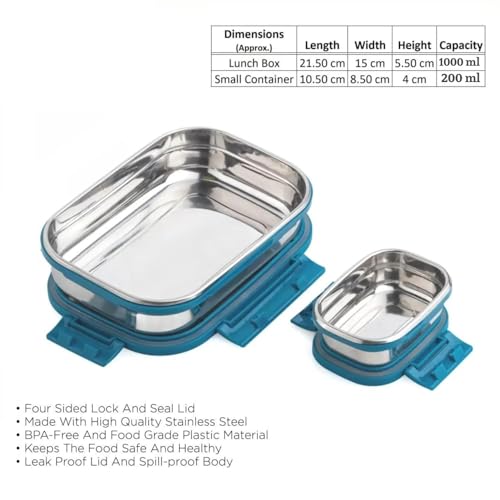 Image of Premium Stainless Steel Lunch Box, 1000ml + 200ml, Leakage Proof /Airtight Containers Large Lunch /Tiffin Box for Office, School Use, Bento Lunch Box for Men /Women, 4 Side Clip Lock Lid - Blue