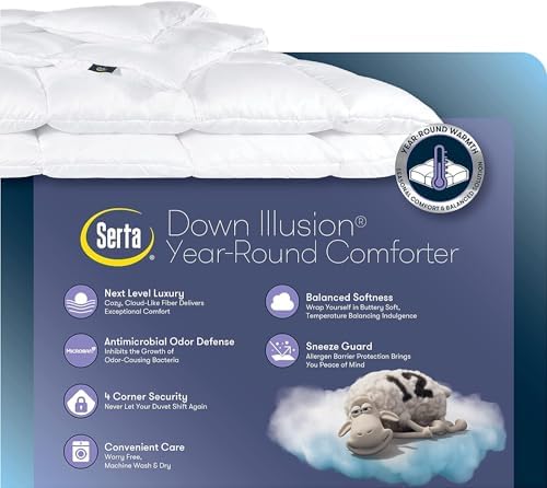 SERTA Down Illusion All Season Hypoallergenic Down Alternative Comforter with Corner Loops, Full/Queen, White - Thumbnail 2