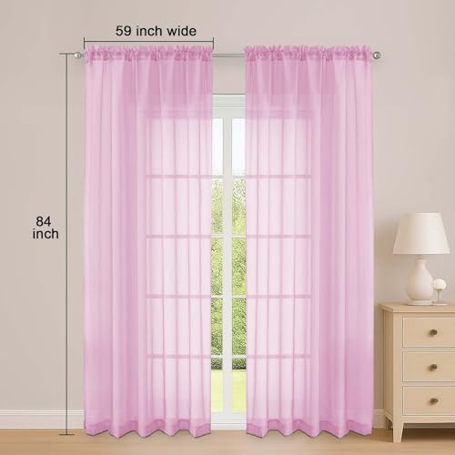 Image of OWENIE Sheer Curtains 84 Inches Long 2 Panels Set, Sheer Pink Curtains for Living Room Bedroom 59 Inch Extra Wide, Modern Voile Filmy Rod Pocket Drapes, 2 Pcs, Each 59 W x 84L, Pink
