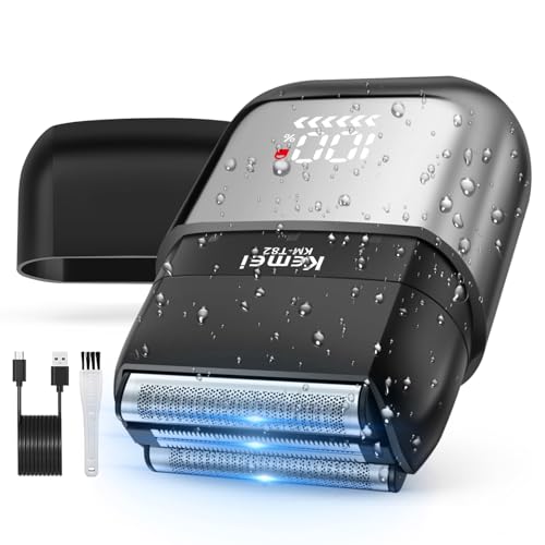 KEMEI Rasoir électrique en aluminium pour homme, mini rasoir à 3 lames flottantes avec écran LED, rechargeable USB-C, 100 minutes d'utilisation, IPX7 étanche, rasoir...