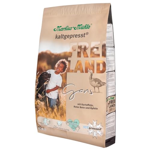 Markus-Mühle Freiland - FREILANDzutaten - Für empfindliche Hunde - 100% kaltgepresst - Premium Hundetrockenfutter (12kg, Gans)