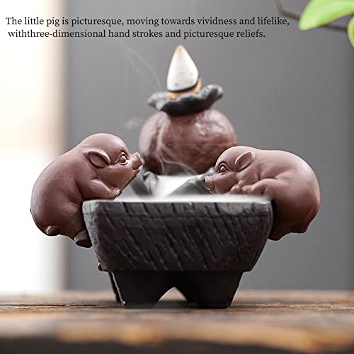 Three Little Pigs Incense Holder,Incense Burner,Ceramic Incense Waterfall,With 30 Backflow Incense Cones +1 Tweezers +1 Simulated Green Plant Yoga Meditation Aromatherapy Home Decor (Persimmon) #TOP6