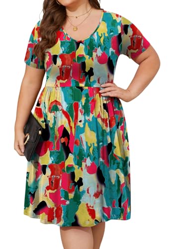 Image of DB MOON Women Plus Size Dresses 2026 Summer Casual V Neck Short Sleeve Knee Length Dress with Pockets