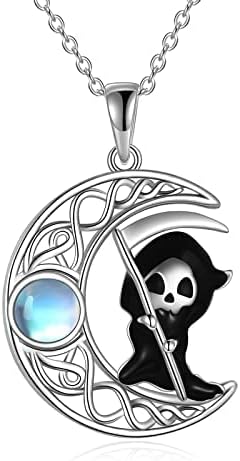 CRMAD Moonstone Skull Necklace Halloween Jewelry for Women Sterling Silver Grim Reaper Moon Wiccan Necklace