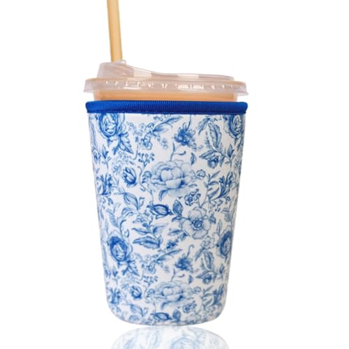 Image of Reusable Insulated Sleeve for Iced Coffee Cup, Coffee Neoprene Sleeve for Cold & Hot Drinks, Beverage Holder for Iced Coffee (Vintage Blossoms, Medium: 22-24oz)
