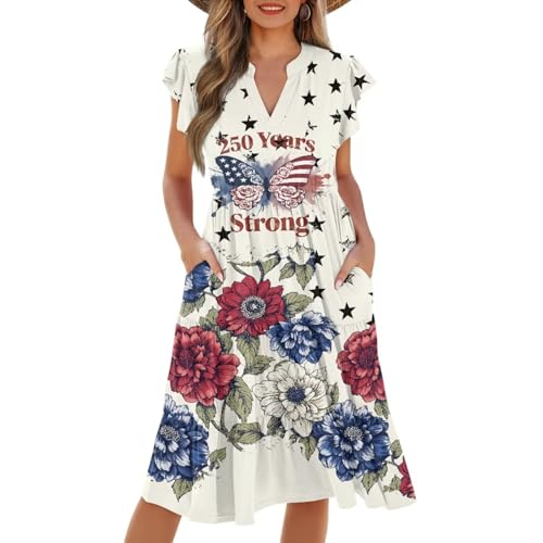 Image of Womens Summer Dress Ruffle Sleeve V Neck Dress Casual Fit Flowy Beach Vacation Sundress with Pocket S-2XL