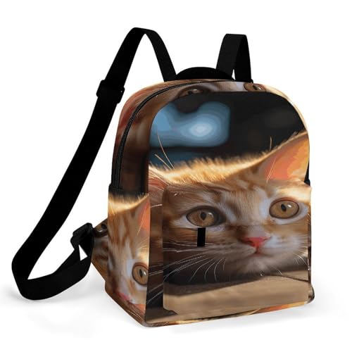 Mochila pequeña de gato naranja impermeable con parte inferior sólida para laptop