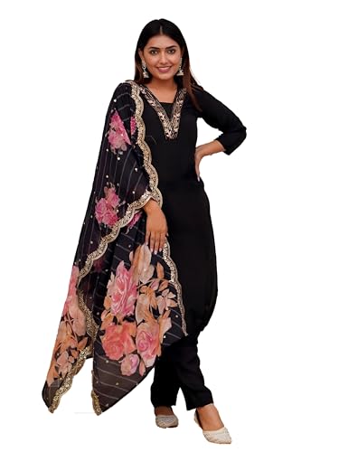 Image of Yashika Women's Print & Embroidered Straight Cotton Blend Stitched Kurta Pant with Dupatta | Kurta Sets for Woman | Kurti Pant Set with Dupatta | Kurta Sets | Kurti for Women