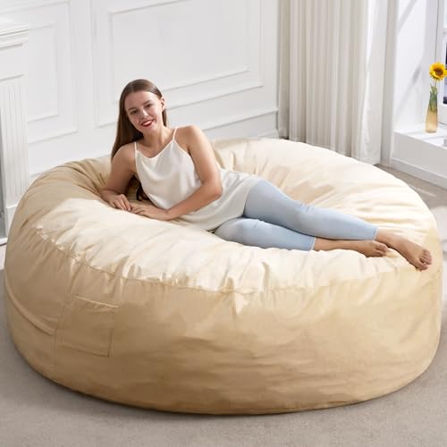 Image of Hobestluk Giant Bean Bag Chairs 6FT Oversized BeanBag Chair for Adult Jumbo | Memory Foam,Washable Cover,Velvet Fabric,Storage Pocket,Portable Handle,Durable Round Bean Bag Bed for Adults | Khaki 6FT