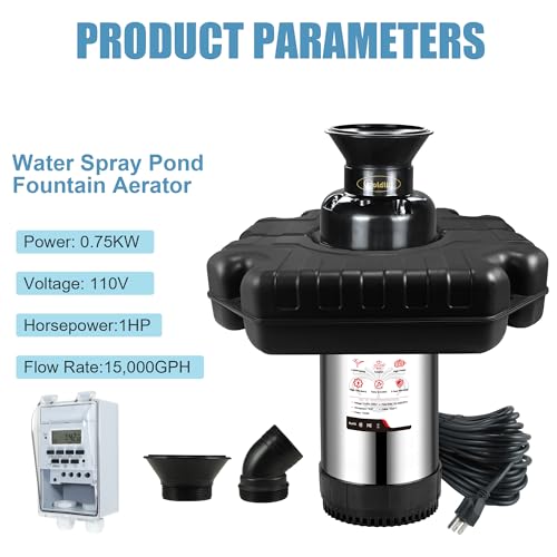 Goldlife Pond Fountain Aerator, F3 1HP 750W 110V Stainless Steel Floating Fountain With 100 FT Power Cord, Octagon Aerating Fountain Pump for Small Large Ponds Lake Pool Bay Fish farm (No Light) - Thumbnail 7