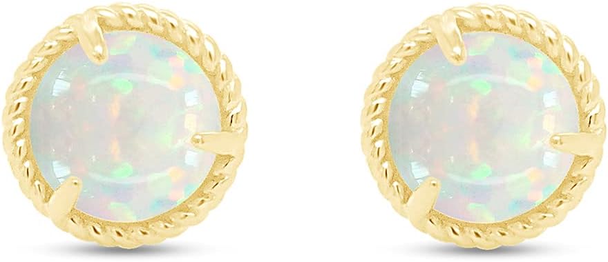 AFFY 7MM Claw-Set Rope Framed Round Cut White Created Opal Gemstone Martini Stud Earrings In 14K Gold Plated 925 Sterling Silver Jewelry For Women - Image 2
