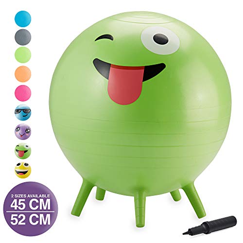 Gaiam Kids Stay-N-Play Children's Balance Ball - Flexible School Chair Active Classroom Desk Alternative Seating | Built-In Stay-Put Soft Stability Legs, Includes Air Pump, 45cm, Green Crazy Silly