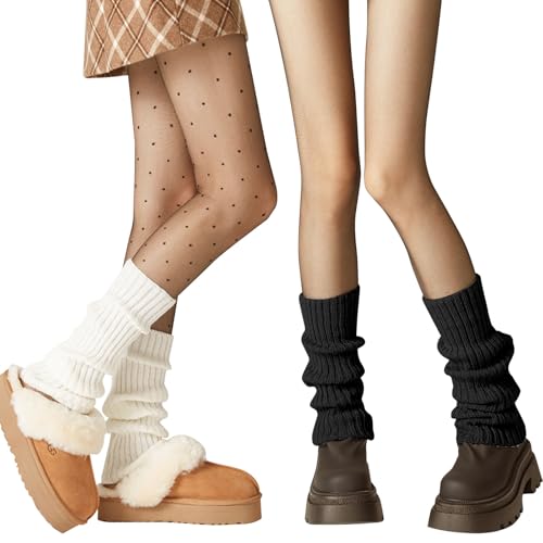 Lancry 2 Pairs Leg Warmers,Ribbed Knit Leg Warmers 80s for Women Girls,Black And White Leg Warmers Ladies for Y2k Ballet Dance Ice Skating (40cm)