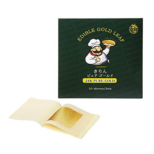 24K Edible Gold Leaf Sheets 10 Sheets 1.7  by 1.7  Kirin Gold Foil Sheets for Decorating Food, Desserts, Cakes, Chocolate, Crafts, Painting, Glass, Skin and Nails - Loose Leaf