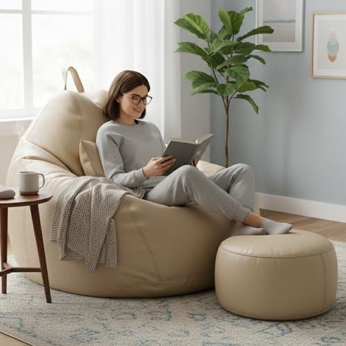 Image of KAM'S LIEU 5XL Bean Bag Combo with Footrest & Cushion | Filled with High Density EPS Beans | Comfortable Sofa for Living Room & Bedroom | 6 Months Warranty, Color- (Cream, 5XL, Classic)