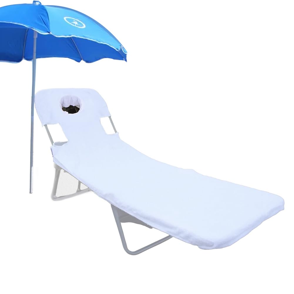 ZBH1985 Chaise Lounge Bath Towel with Face Hole,Beach Folding Tanning Chair Sunbathing Towels Portable Lay Flat Chairs Patio,75x35 in (White with Face