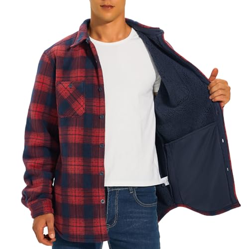 Image of HODOSPORTS Mens Flannel Shirts Jacket Fleece Sherpa Lined Heavyweight Button Down Plaid Shirts Coat Long Sleeve with Pockets